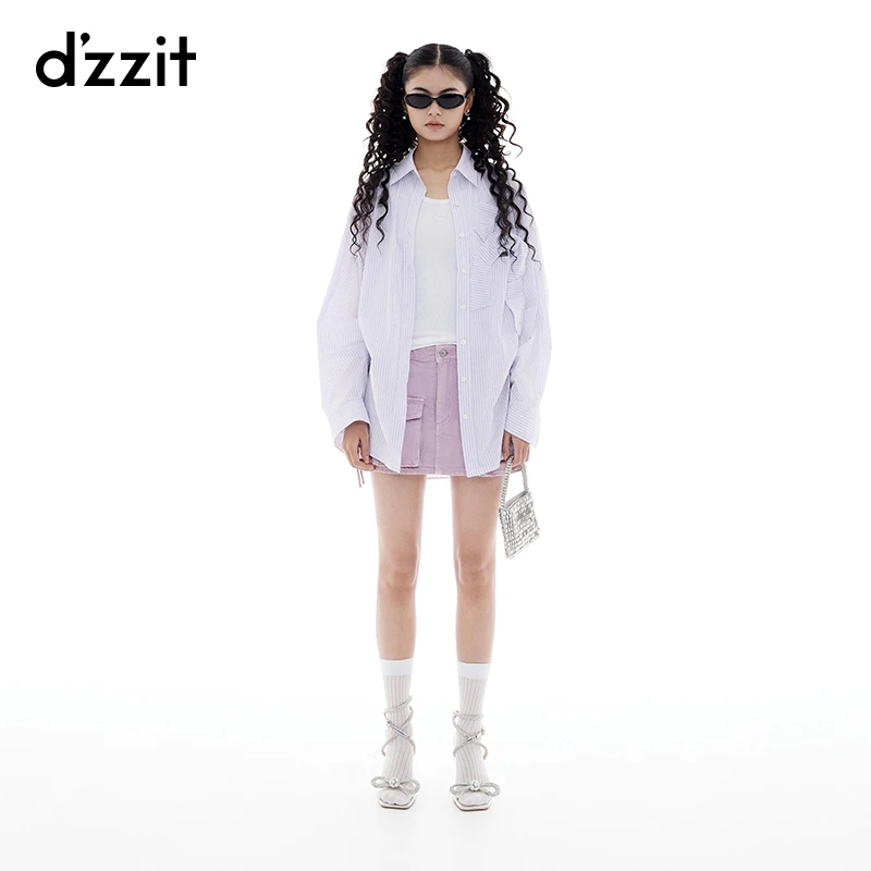 【商场同款新品】dzzit地素衬衫25夏浅紫色条纹纯棉上衣女3J2C430