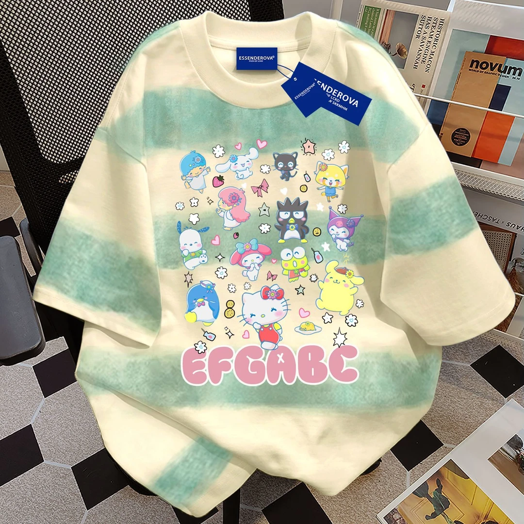 100%纯棉可爱高街风短袖t恤男女夏季扎染渐变条纹圆领情侣上衣服