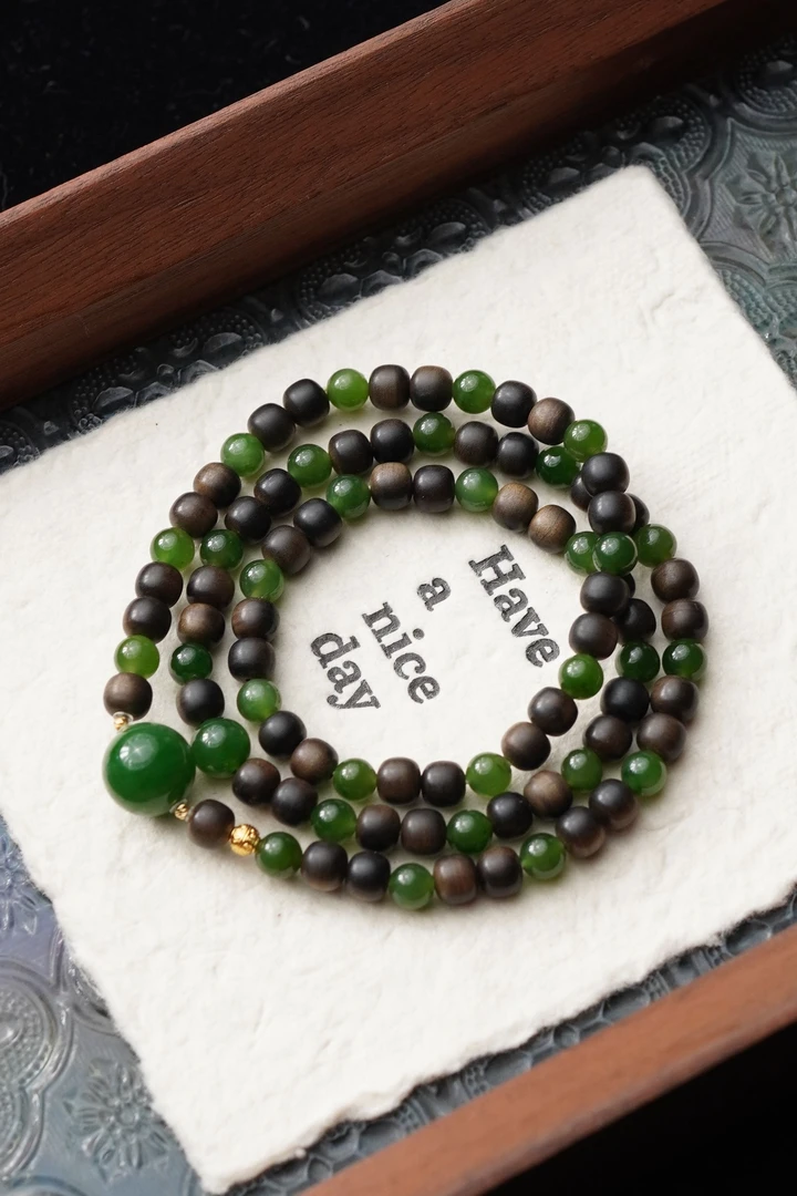 迷雾森林 天然印度阴沉沉水老山檀5*6mm老型顶珠12mm三圈手串18k