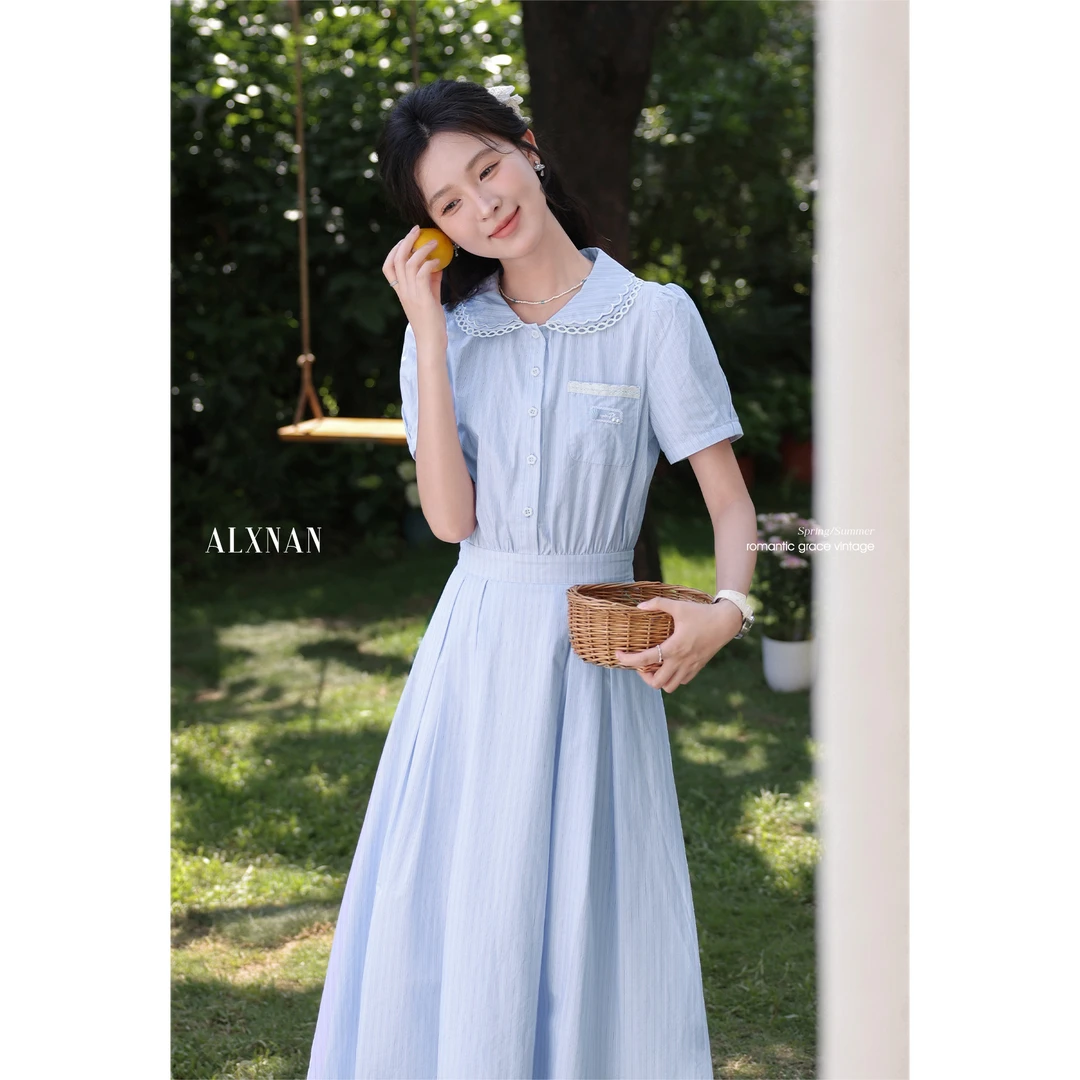 鹿向南「蓝海拾贝」法式蓝色条纹短袖衬衫连衣裙女夏季收腰长裙子
