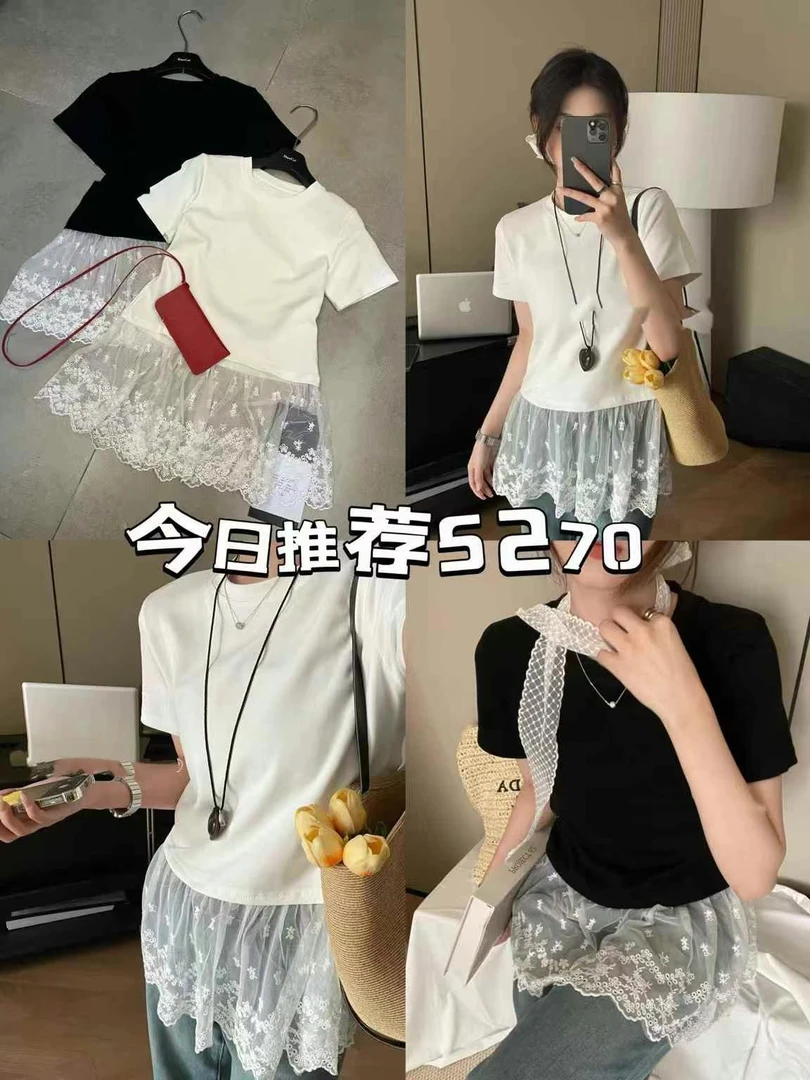 拼接常规短袖蕾丝吸湿排汗T恤中长款休闲风杂志风常规款