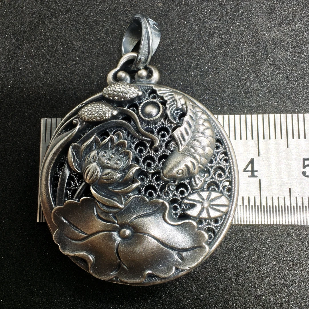 足银银制品 纯银鱼荷花鱼吊坠999足银16g
