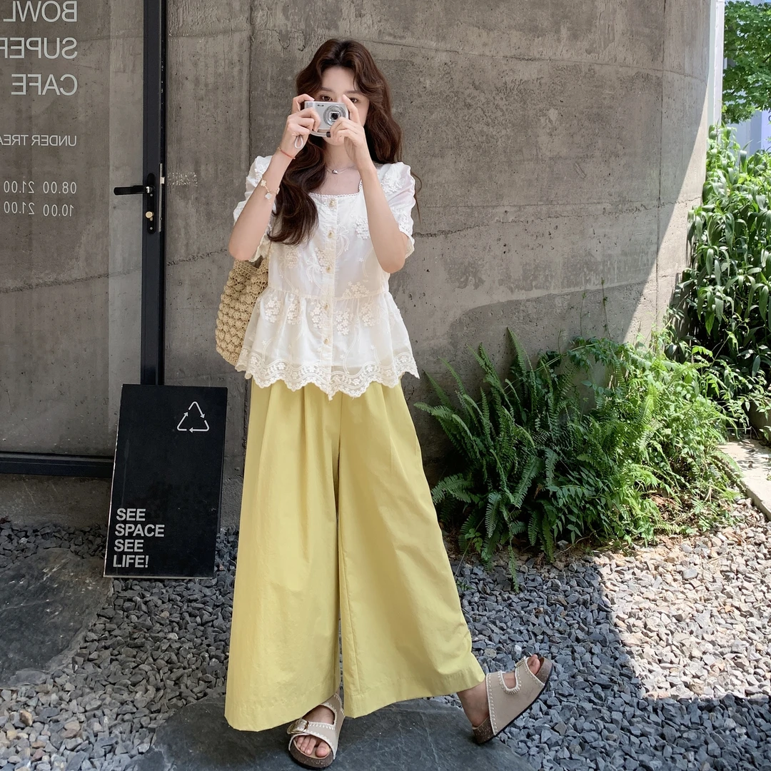 2025年夏田园密语美式芭比风蕾丝上衣裤子两件套时尚套装韩版宽松