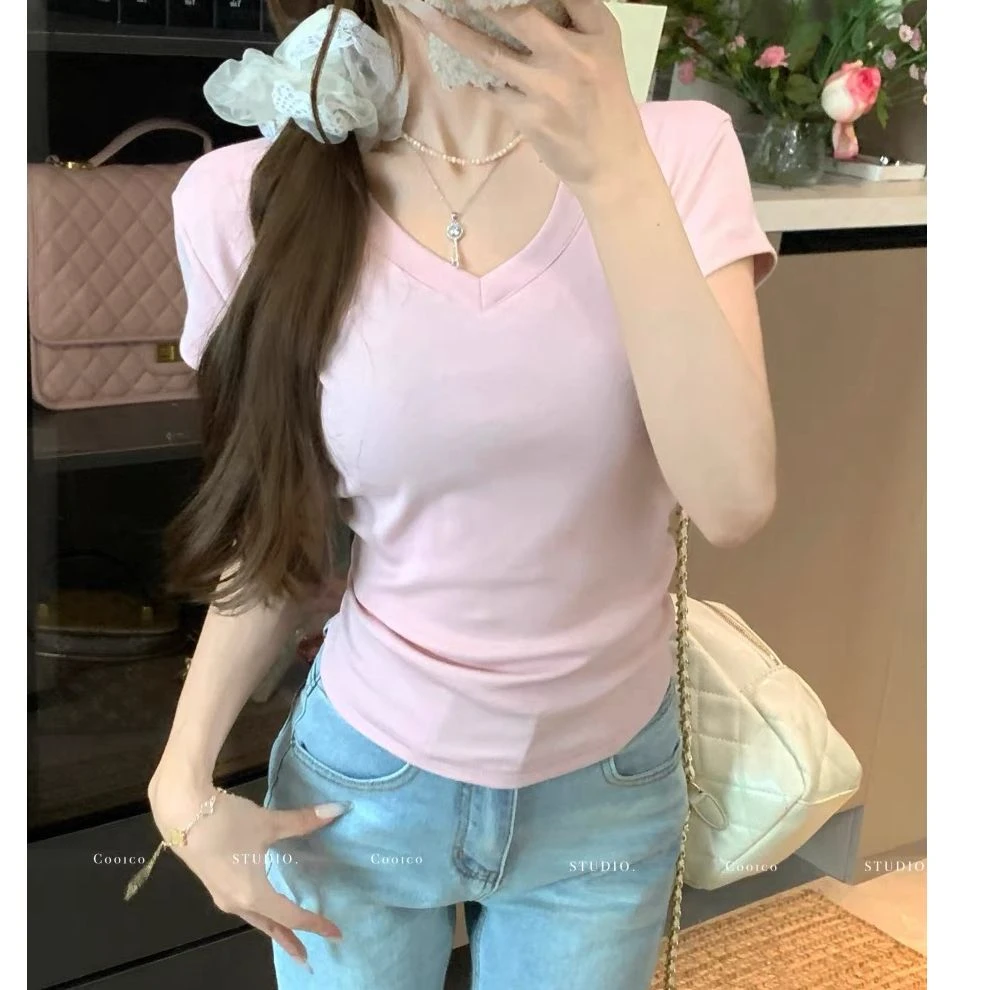 纯欲v领正肩短袖白色t恤女2025夏季修身显瘦设计皱褶掐腰短款上衣