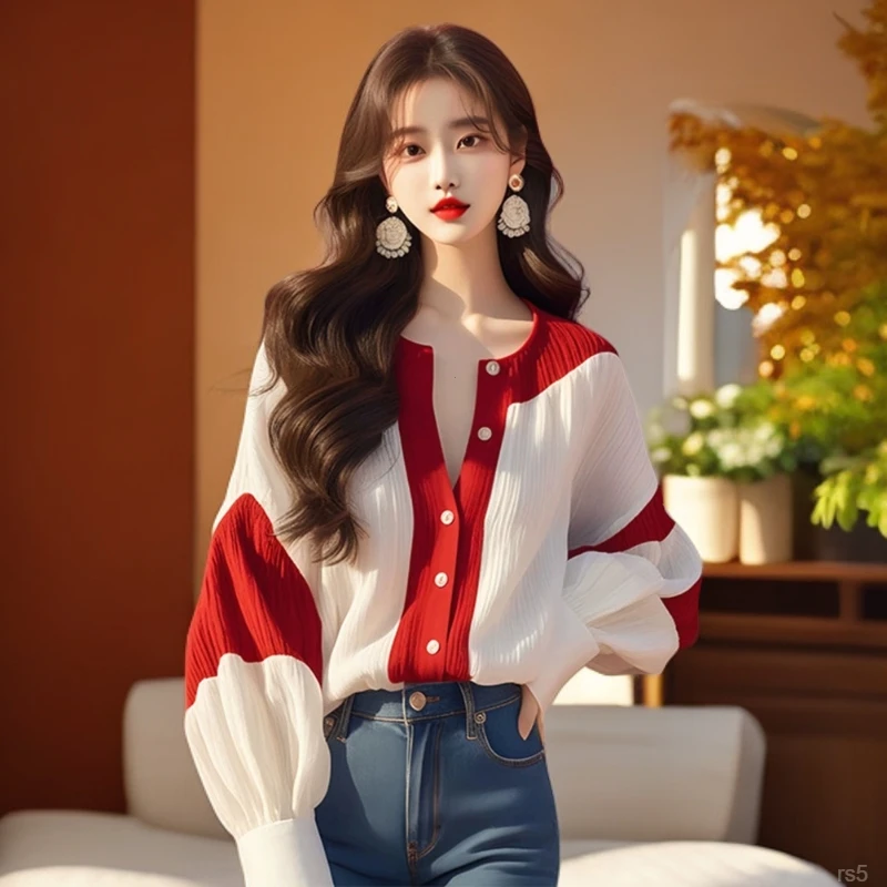 红白2025别致法式高级感雪纺衬衫灯笼袖撞色早秋上衣女装轻奢新款