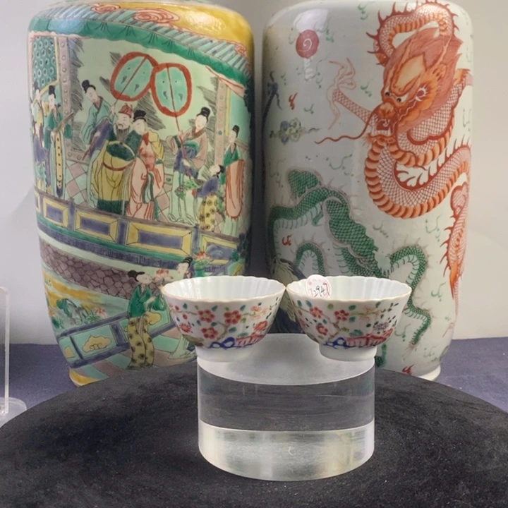 杯子陶12947瓷器—粉彩花卉纹菊瓣杯一对