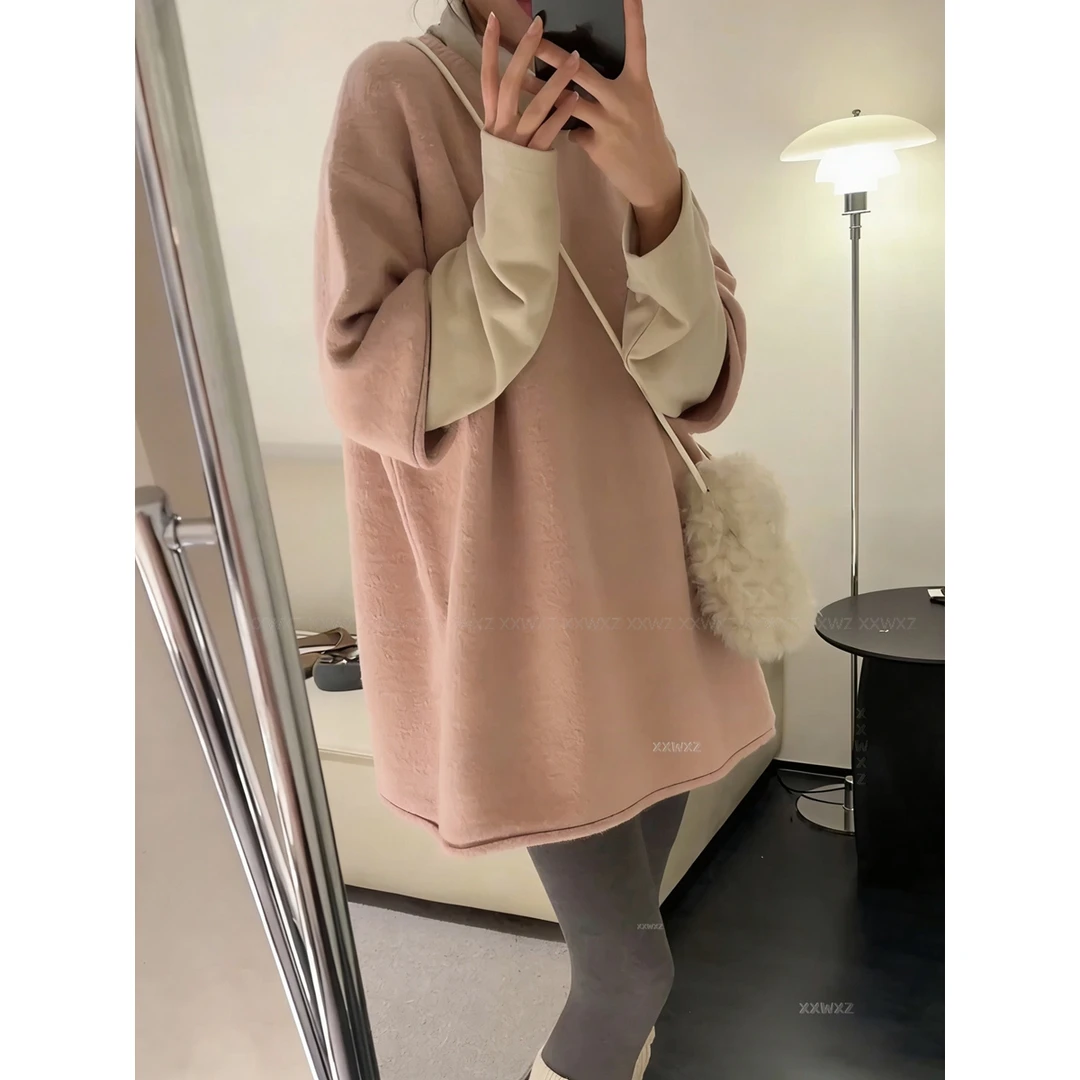 韩系粉色圆领短袖针织毛衣女款2025冬季新款宽松内搭打底长袖上衣