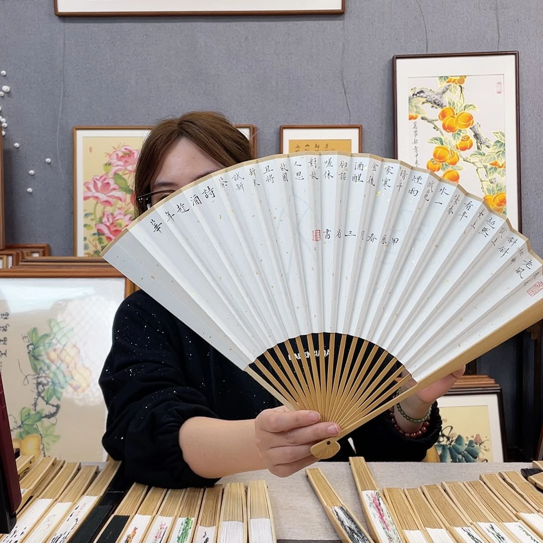 国画95寸玉竹-纯手绘-文玩扇骨（默认粘好）望江南