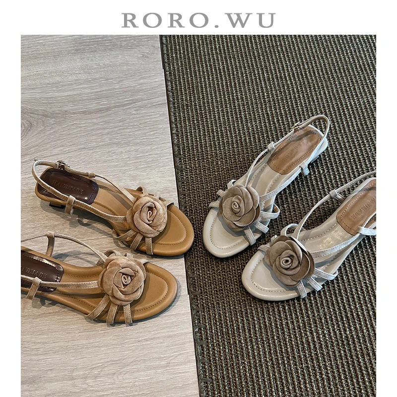 娆娆吴·羊反绒夏季复古磨砂花朵扣带时尚日常百搭凉鞋T518
