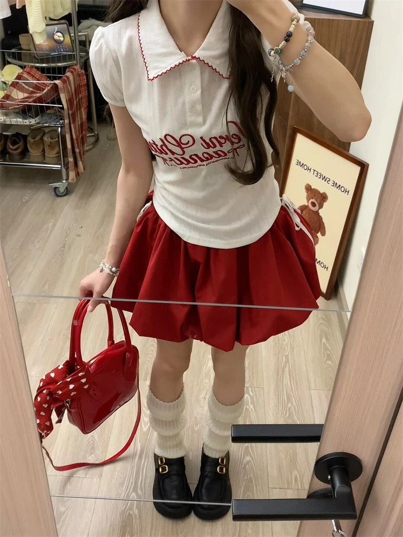 2025超火两件套夏装流行甜美少女感翻领正肩上衣蓬蓬花苞裙套装女