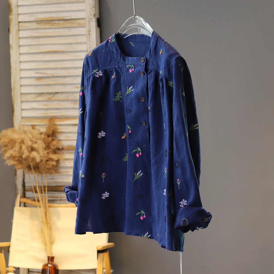 上新2025年秋装文艺绣花宽松亚麻衬衣半系扣透气创意减龄衬衫休闲