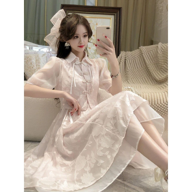 你的王牌~夏季气质温柔中式复古系带上衣高腰修身流苏刺绣套装