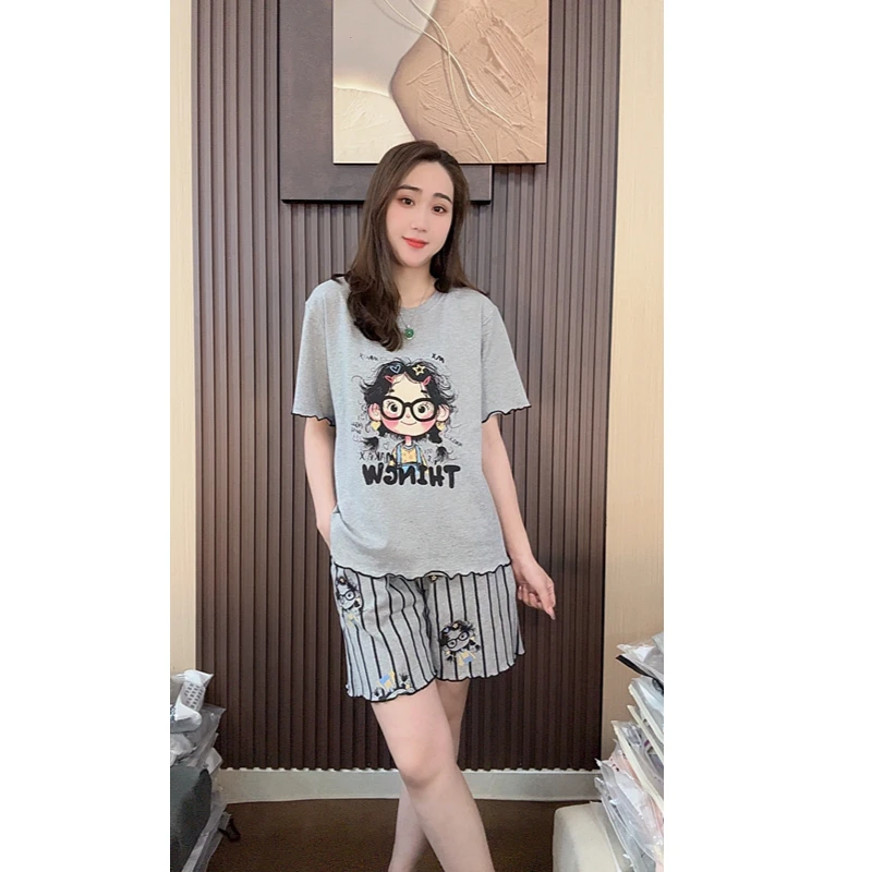 睡衣女夏款纯棉短袖短裤休闲韩版可外穿家居服套装（趣味少女）