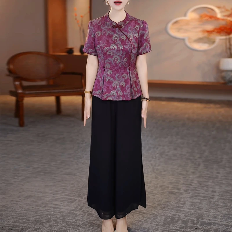 洋气改良旗袍时尚套装2025夏季新款女士洋气减龄显瘦阔腿裤两件套