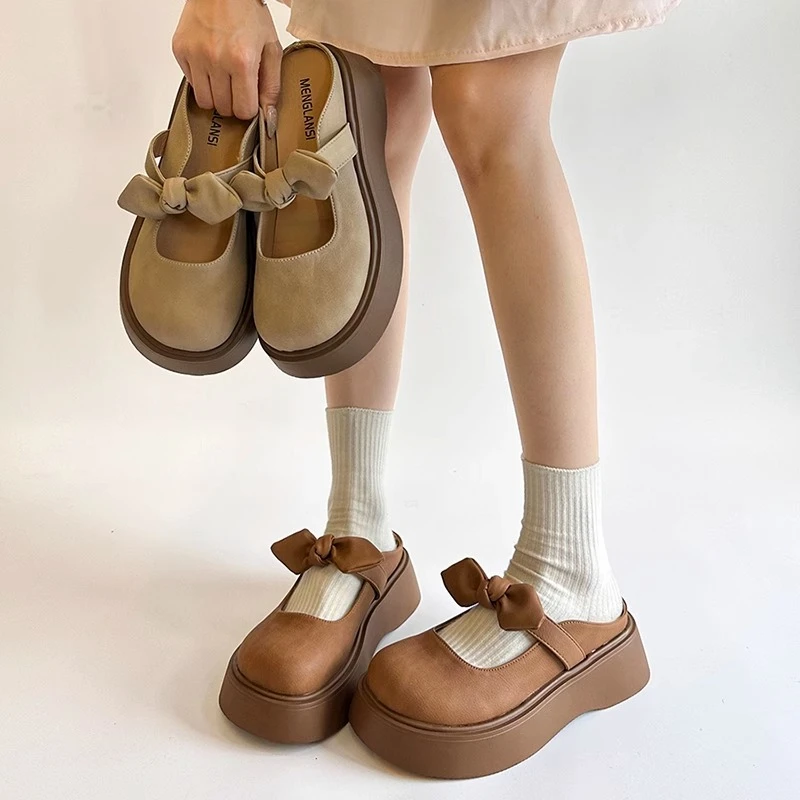 蝴蝶结一脚蹬厚底半拖鞋女外穿2025新款春夏季法式玛丽珍包头凉拖