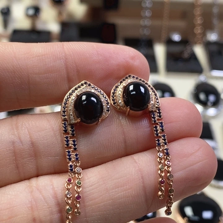 翡翠耳饰18K金镶嵌缅甸天然翡翠墨翠