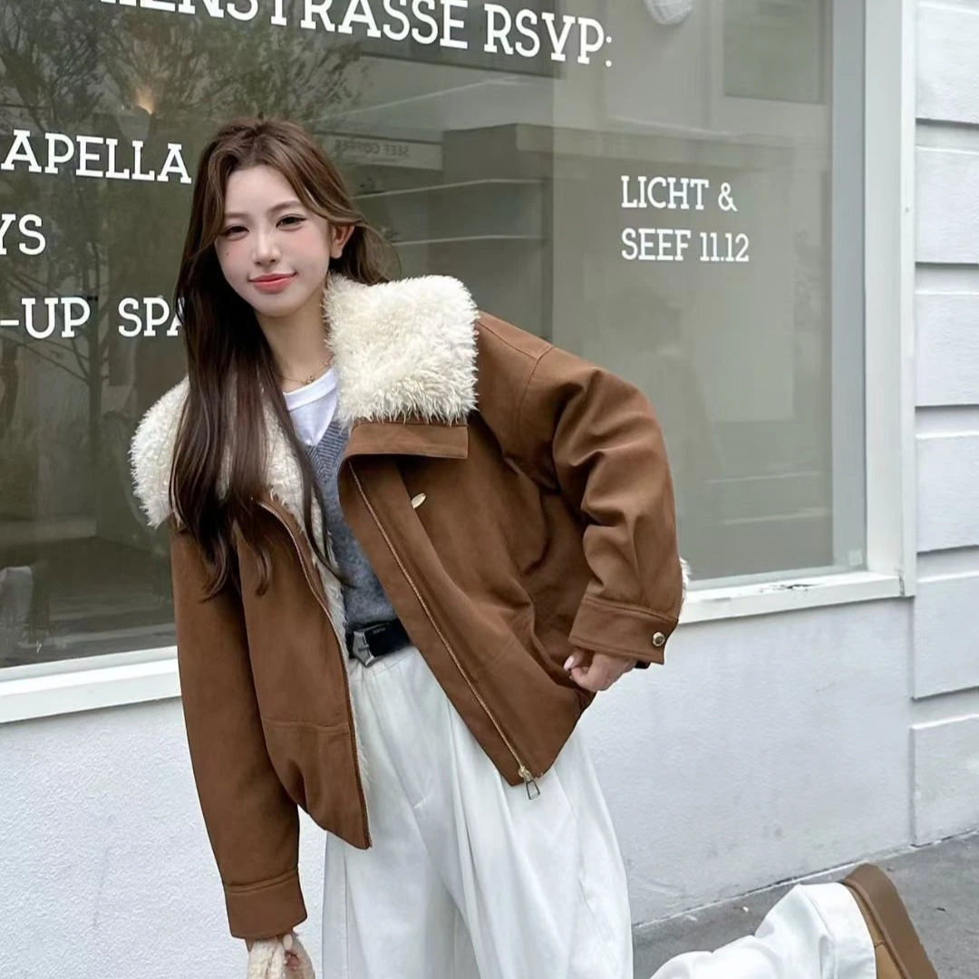 羊羔毛翻领皮毛一体加厚保暖棉服外套女2025年秋冬新款韩版宽松潮