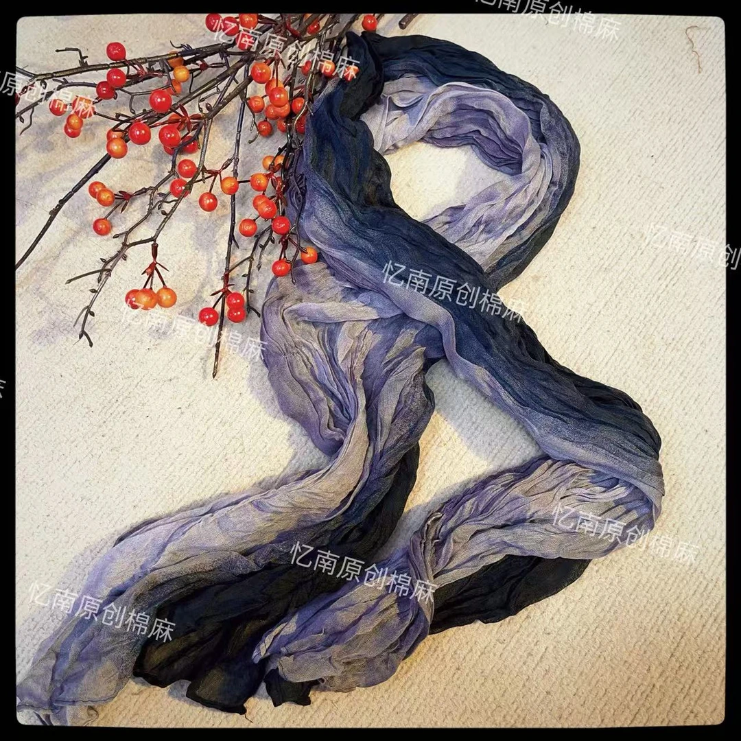 （忆南）3色拼接纱麻围巾。