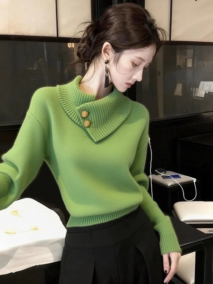 绿色围脖毛衣女2025秋冬季软糯慵懒风独特漂亮气质加厚掐腰针织衫