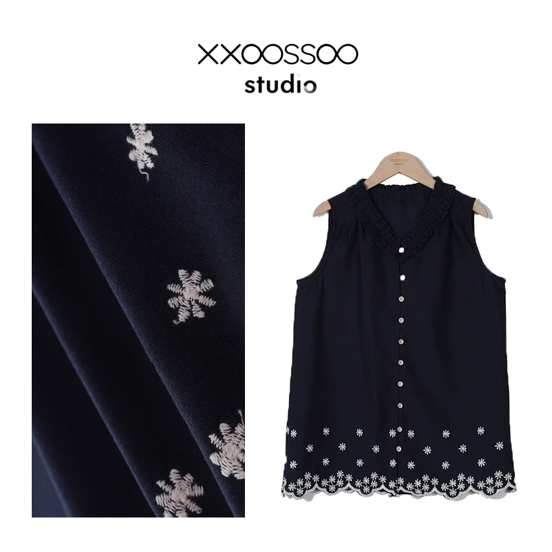 xxoossoo 亚麻印花小衫宽松型花朵无袖衬衫百搭时尚减龄复古显瘦