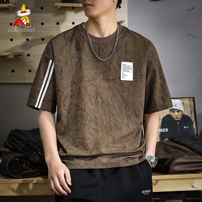 Mexican/稻草人肌理感男士夏季休闲短袖T恤美式潮流宽松条纹体恤t