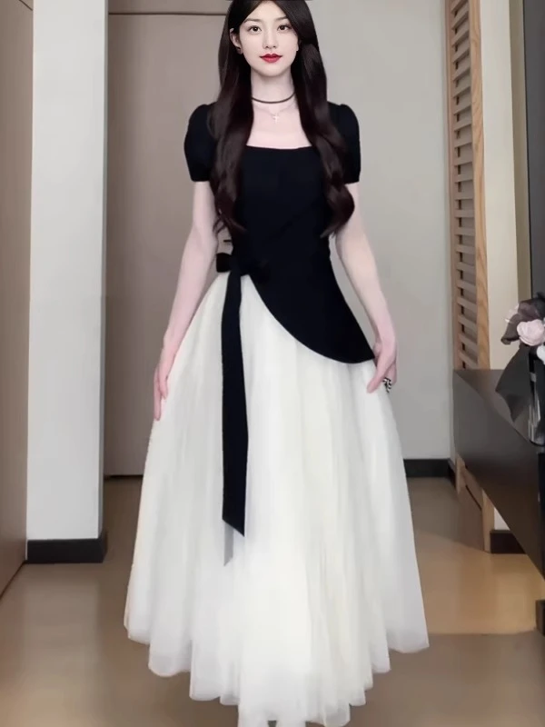 大码女装法式茶歇风假两件蓬蓬裙小黑裙夏季胖mm气质显瘦连衣裙子