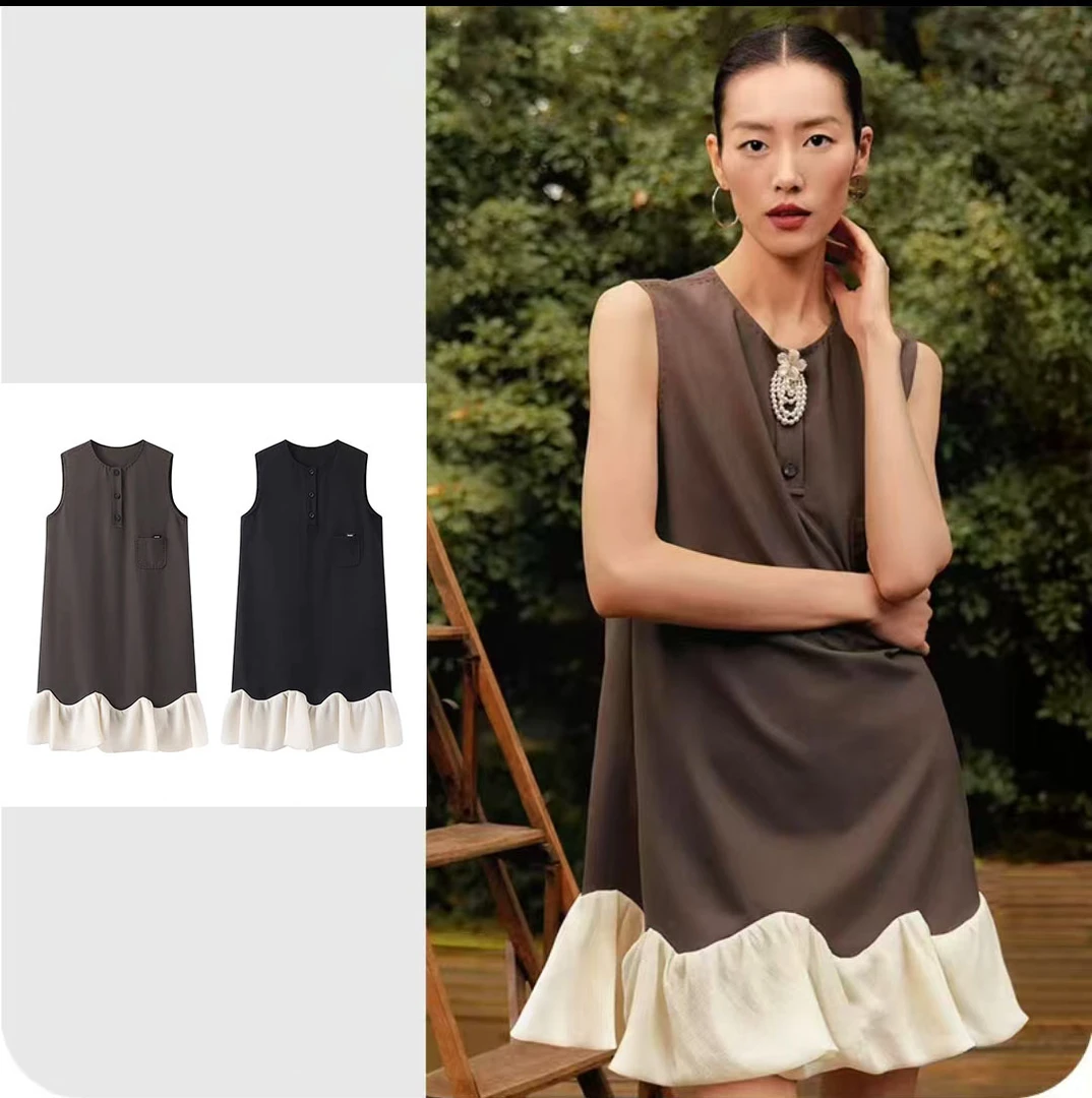 9169原单商场同款刘雯同款小众法式单排扣拼接荷叶花边无袖连衣裙