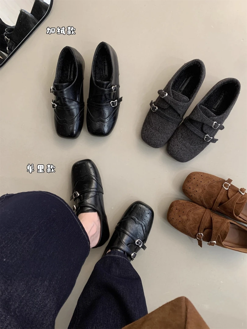 复古英伦风双排扣雕花方头2025秋冬玛丽珍小皮鞋内增高加绒单鞋女