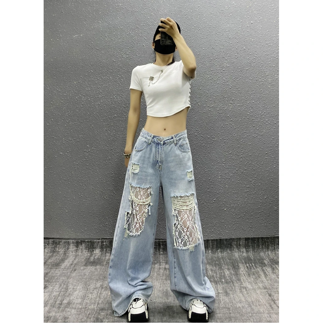 美式复古破洞蕾丝拼接牛仔裤女2025夏季宽松阔腿显瘦高腰直筒长裤