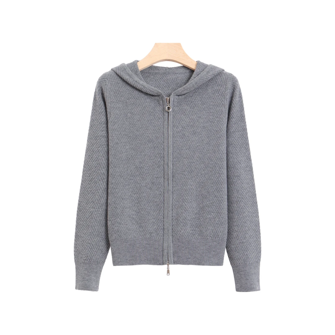 （100%绵羊毛）休闲百搭双拉链连帽针织衫女秋季新款