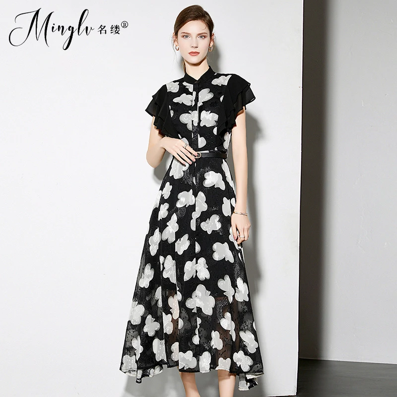 名缕时尚气质小飞袖漂亮碎花连衣裙2025新款夏季显瘦女神范长裙