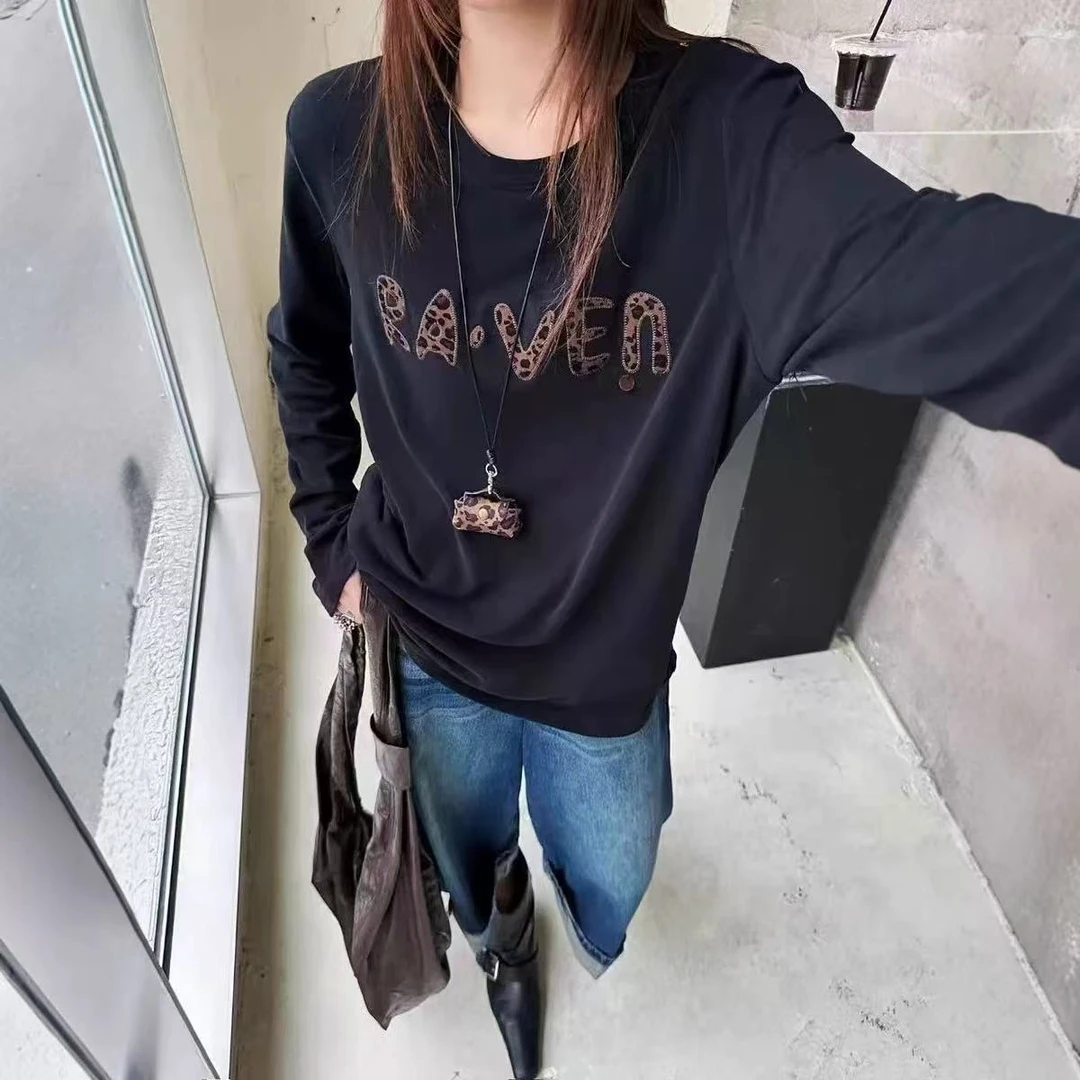 6603番外秋季新款时尚休闲宽松显瘦豹紋字母百搭长袖T恤女