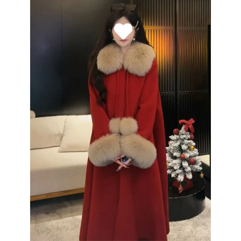2024冬季新年战袍红色斗篷毛呢外套女宽松加厚中长款高级气质大衣
