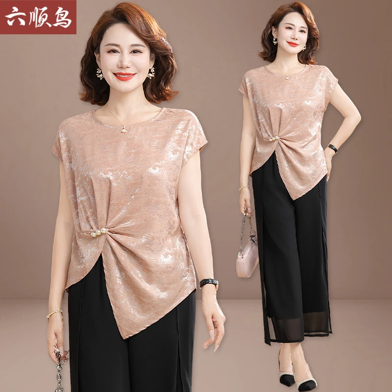 妈妈贵气穿搭套装2025新款中老年女夏装短袖上衣时尚穿搭品牌高端