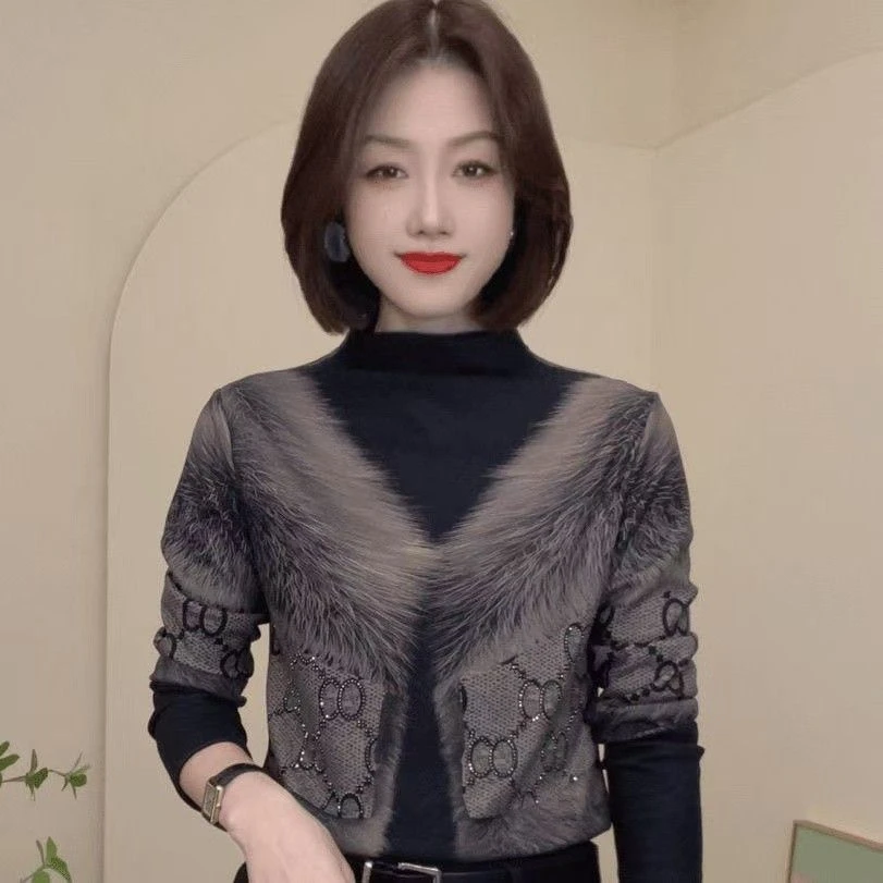 欧式洋气女装秋冬拼接气质百搭宽松女士冬季加绒洋气小衫