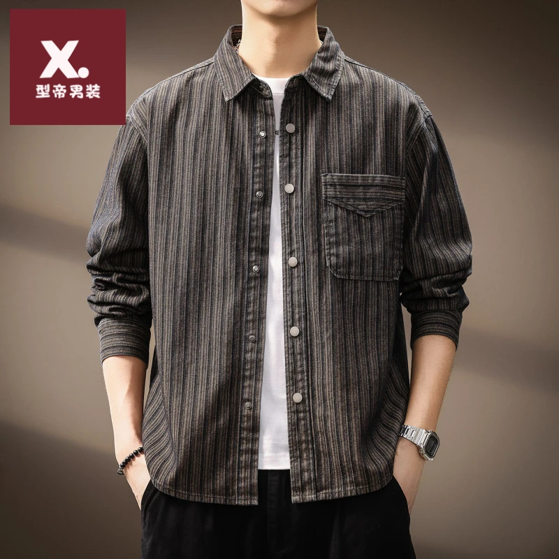 高端美式复古条纹提花长袖衬衫男秋季宽松翻领休闲工装衬衣外套潮