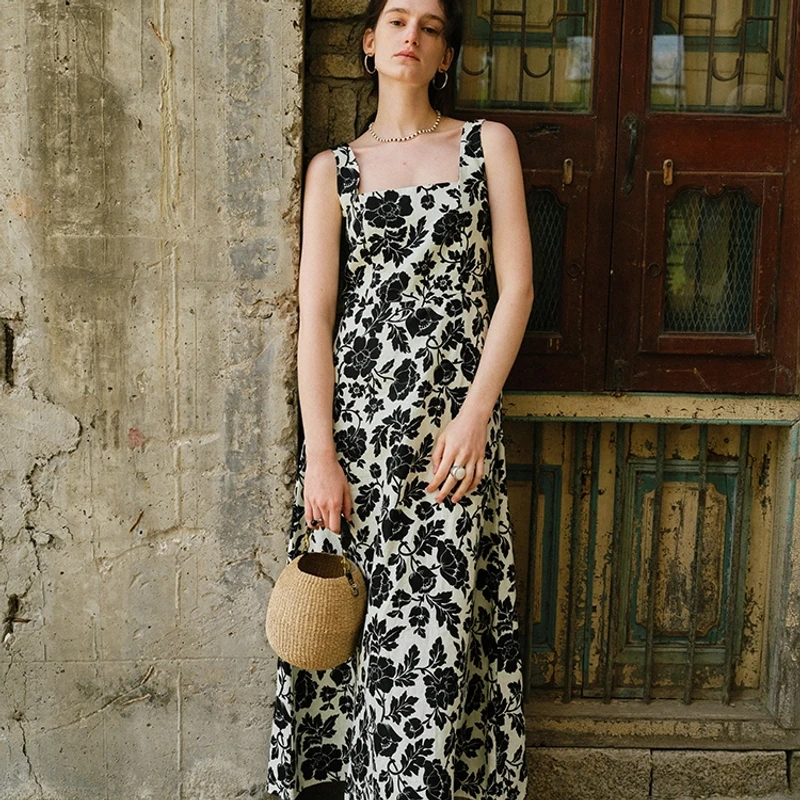 仲夏画境 法式浪漫纯亚麻印花无袖吊带连衣裙长裙+马甲