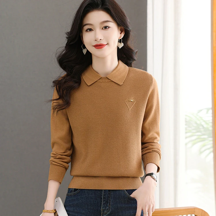 翻领针织衫女士春季新款长袖薄款假两件洋气毛衣打底内搭上衣春秋