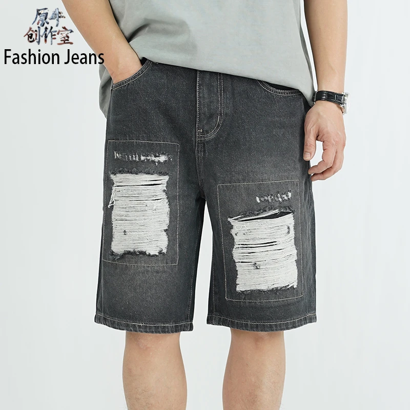新款高街贴布破洞黑色五分牛仔裤男美式炸街宽松百搭休闲中裤