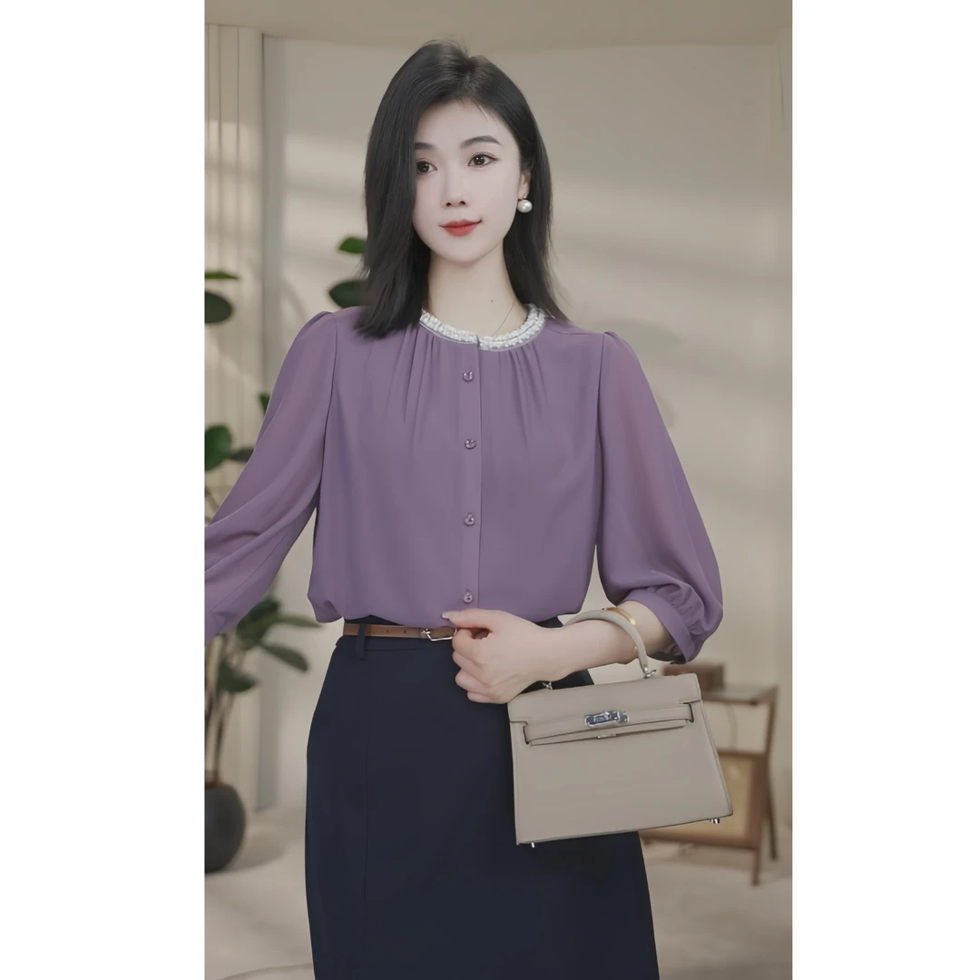 【小北甄选】欧若风8592414双色夏季新款衬衫女中袖法式气质衬衣