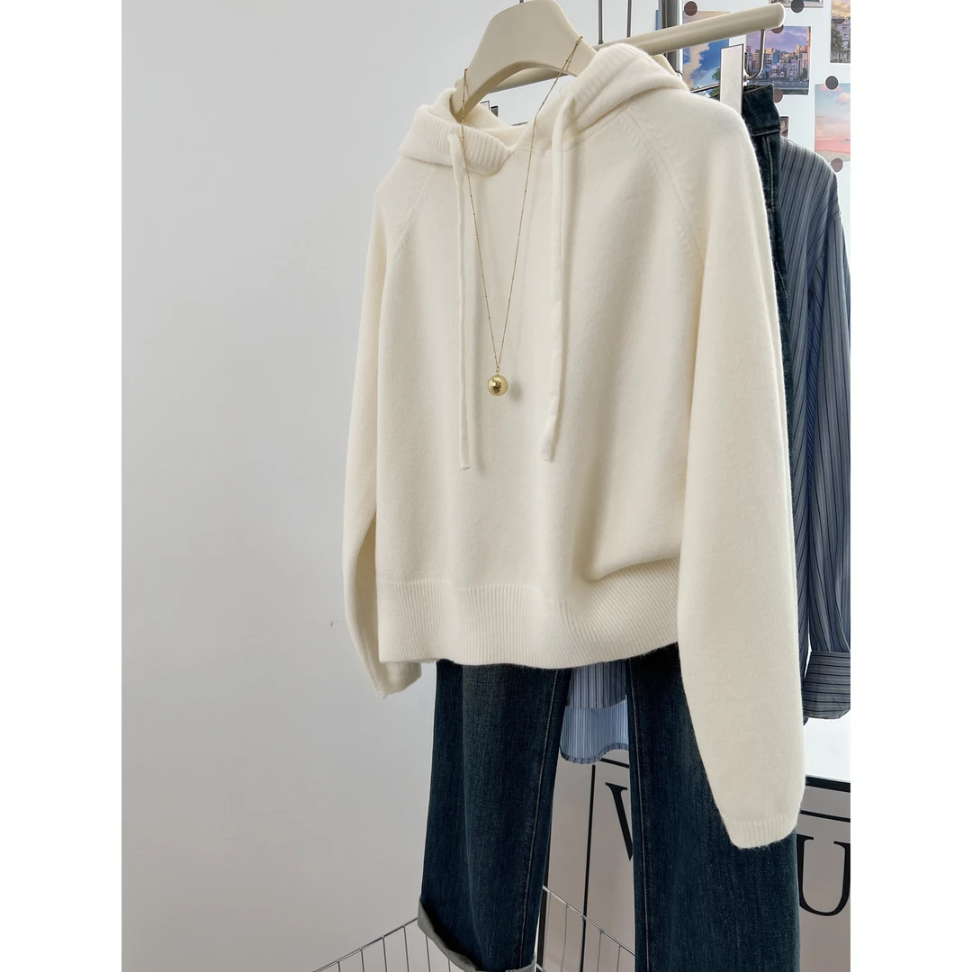 软糯内搭连帽毛衣打底衫女秋冬慵懒风宽松浣熊绒针织帽衫短款上衣