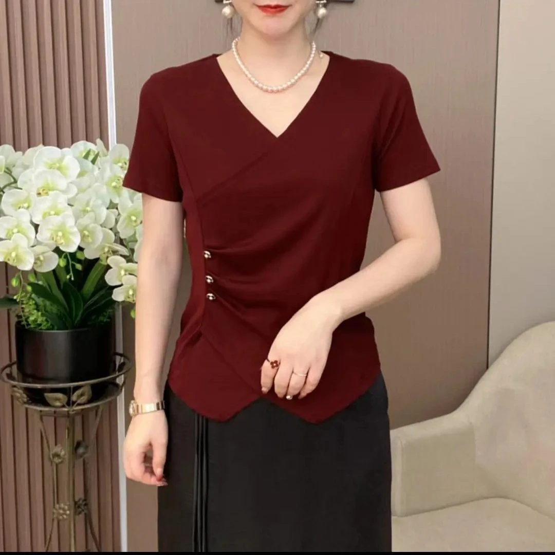 2024夏装短袖V领纯色不规则褶皱宽松显瘦百搭洋气T恤休闲上衣女