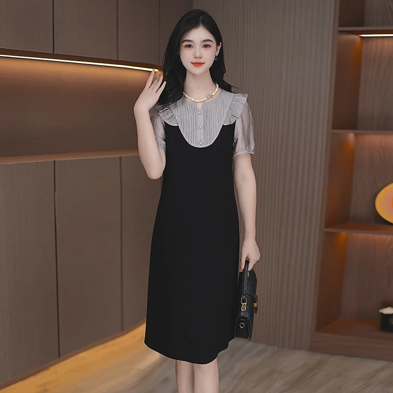 2夏季新款显瘦设计感减龄拼色中长款时尚裙子女