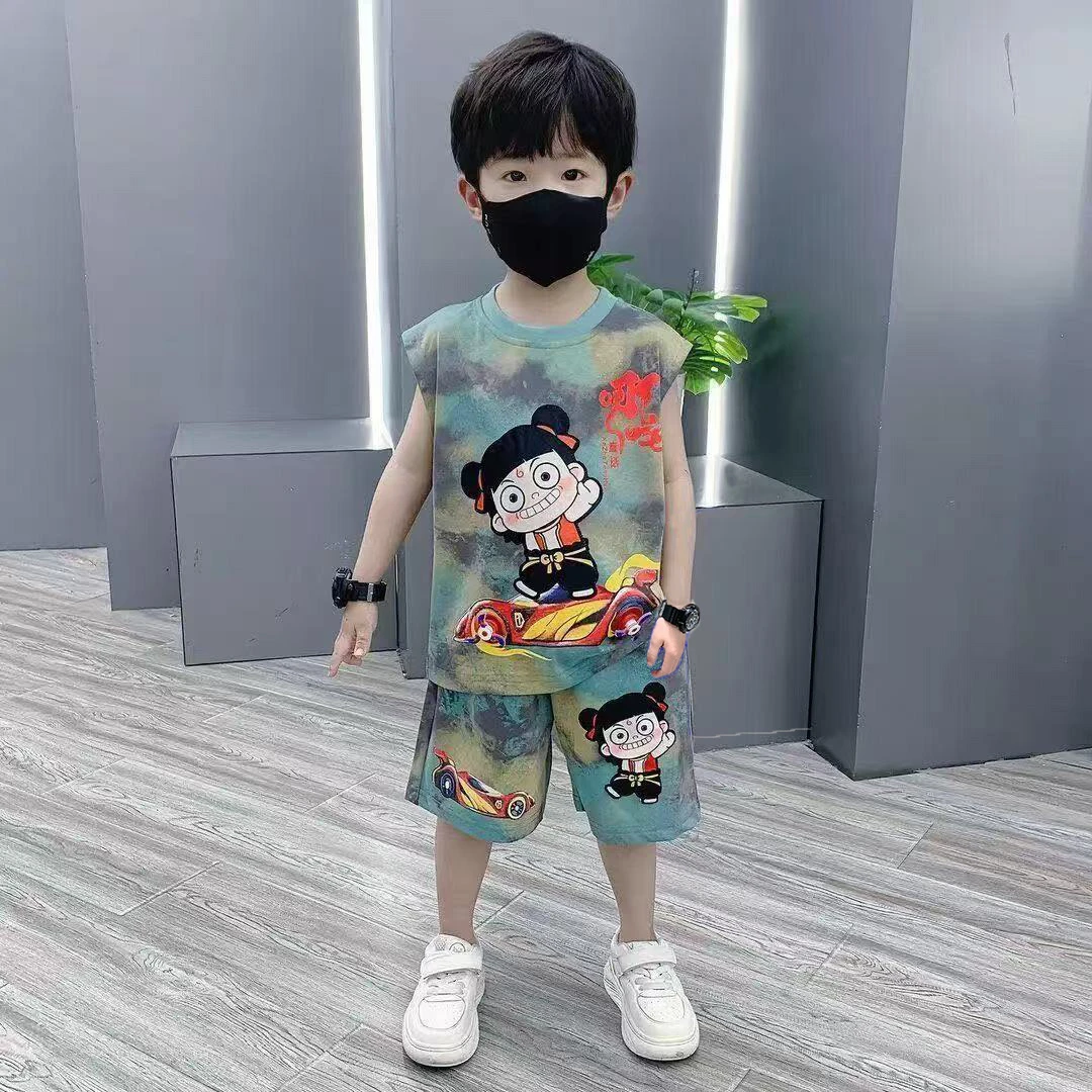 哪吒儿童衣服无袖套装2025夏季新款男童帅气宝宝夏装两件套速干潮