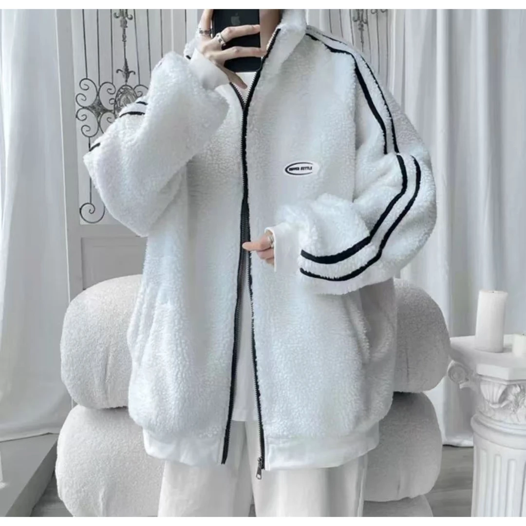 668 4XL8羊羔毛加厚立领棉服外套潮牌冬装棉袄撞色