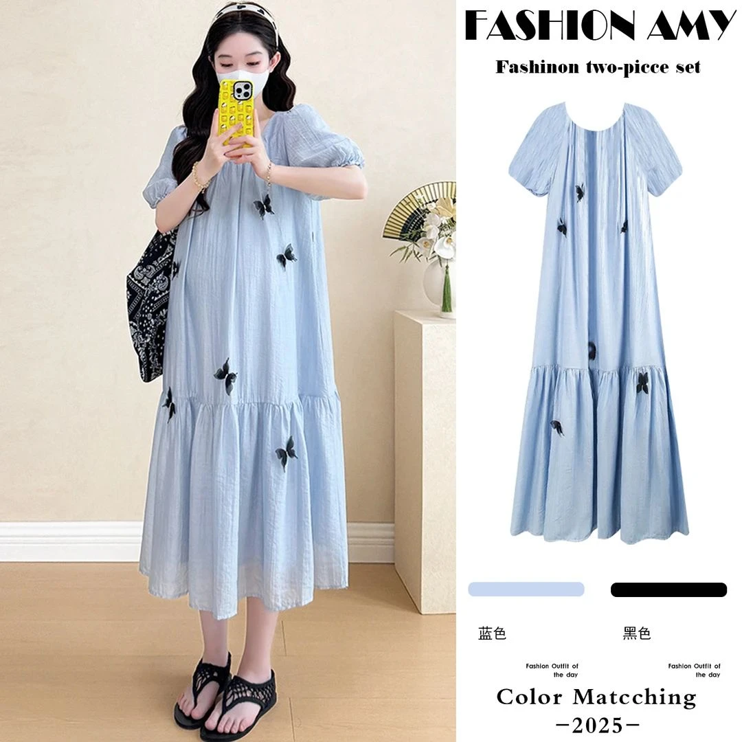 时髦孕妇夏季新款时尚韩版宽松泡泡袖立体蝴蝶中长款显瘦裙连衣裙