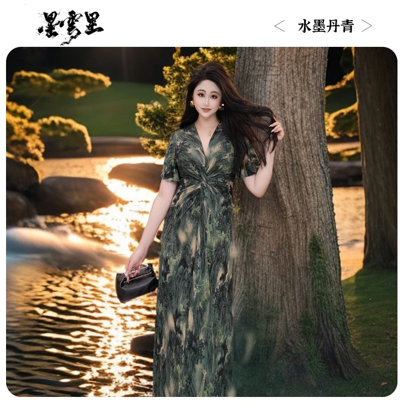黑标系列｜水墨丹青｜手绘山水法式微胖轻奢复古显瘦时尚气质连衣裙