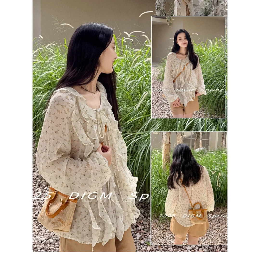 L-50632#温柔气质荷叶边设计碎花宽松显瘦小衫上衣