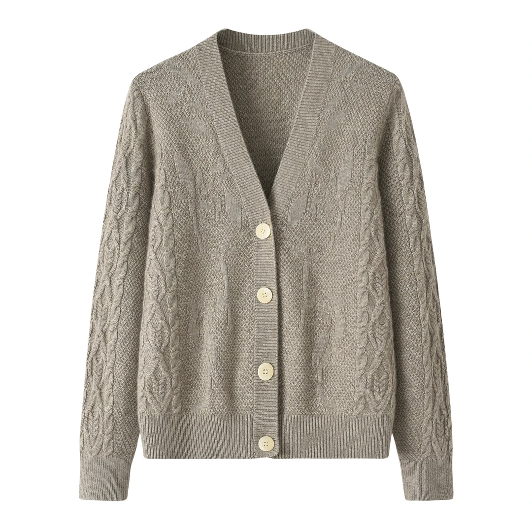 羊绒V领翻花女开衫