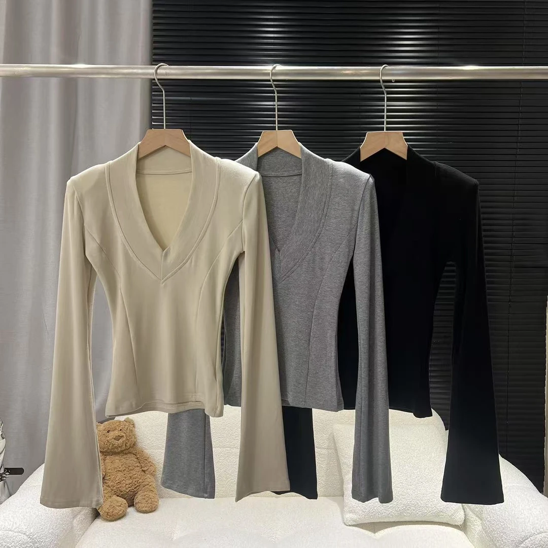 年中孤品~【纯欲风深】新款辣妹性感V领收腰显瘦长袖上衣851